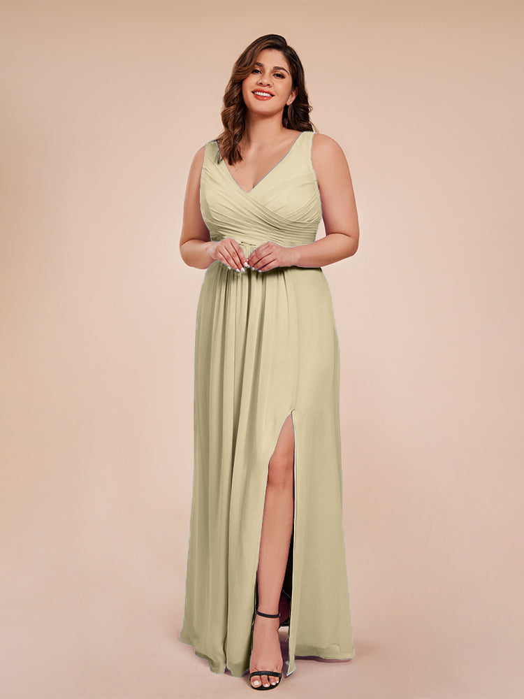 Jurnee Floor Length V-neck Ruched Chiffon Plus Size Bridesmaid Dress