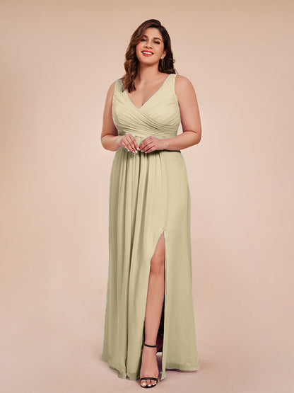 Jurnee Floor Length V-neck Ruched Chiffon Plus Size Bridesmaid Dress