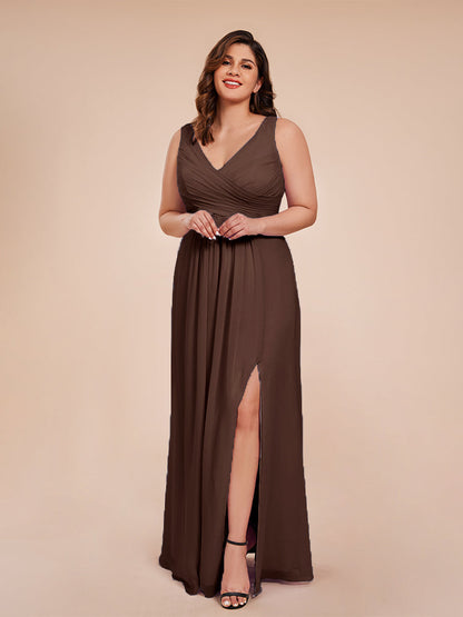 Jurnee Floor Length V-neck Ruched Chiffon Plus Size Bridesmaid Dress