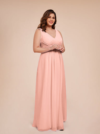 Jurnee Floor Length V-neck Ruched Chiffon Plus Size Bridesmaid Dress