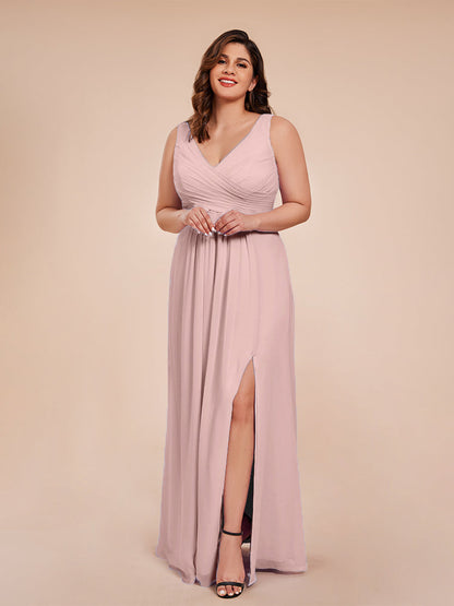 Jurnee Floor Length V-neck Ruched Chiffon Plus Size Bridesmaid Dress
