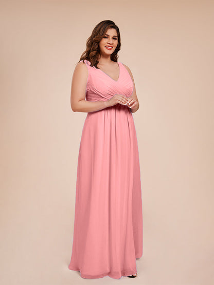 Jurnee Floor Length V-neck Ruched Chiffon Plus Size Bridesmaid Dress