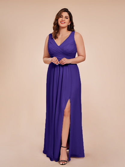 Jurnee Floor Length V-neck Ruched Chiffon Plus Size Bridesmaid Dress