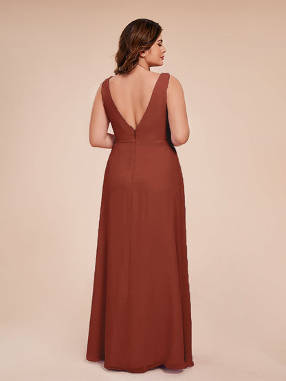 Jurnee Floor Length V-neck Ruched Chiffon Plus Size Bridesmaid Dress