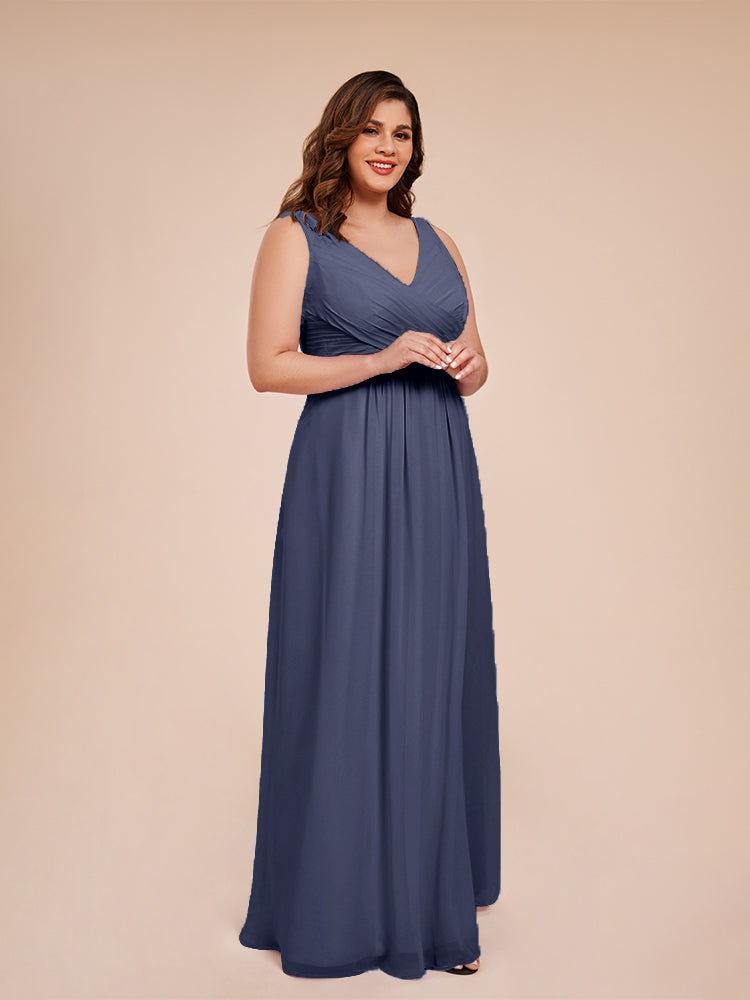 Jurnee Floor Length V-neck Ruched Chiffon Plus Size Bridesmaid Dress