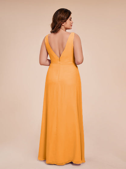 Jurnee Floor Length V-neck Ruched Chiffon Plus Size Bridesmaid Dress