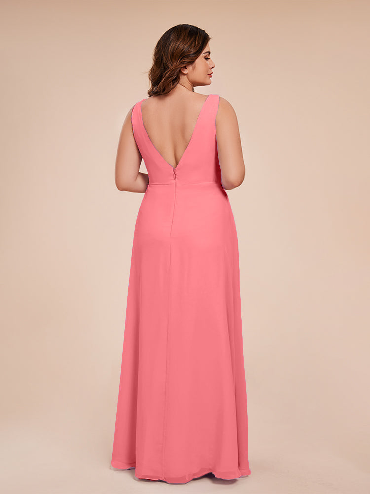 Jurnee Floor Length V-neck Ruched Chiffon Plus Size Bridesmaid Dress