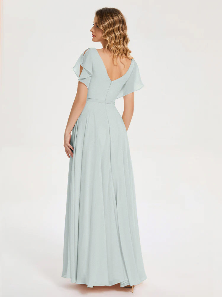 Kate V-neck Pleats Chiffon Bridesmaid Dress with Ruffles