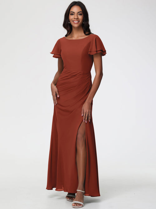Rust Coloured Bridesmaid Dresses Chic Bateau Neckline Ruffle Short Sleeves Sheath/Column Chiffon Bridesmaid Dress with Slit