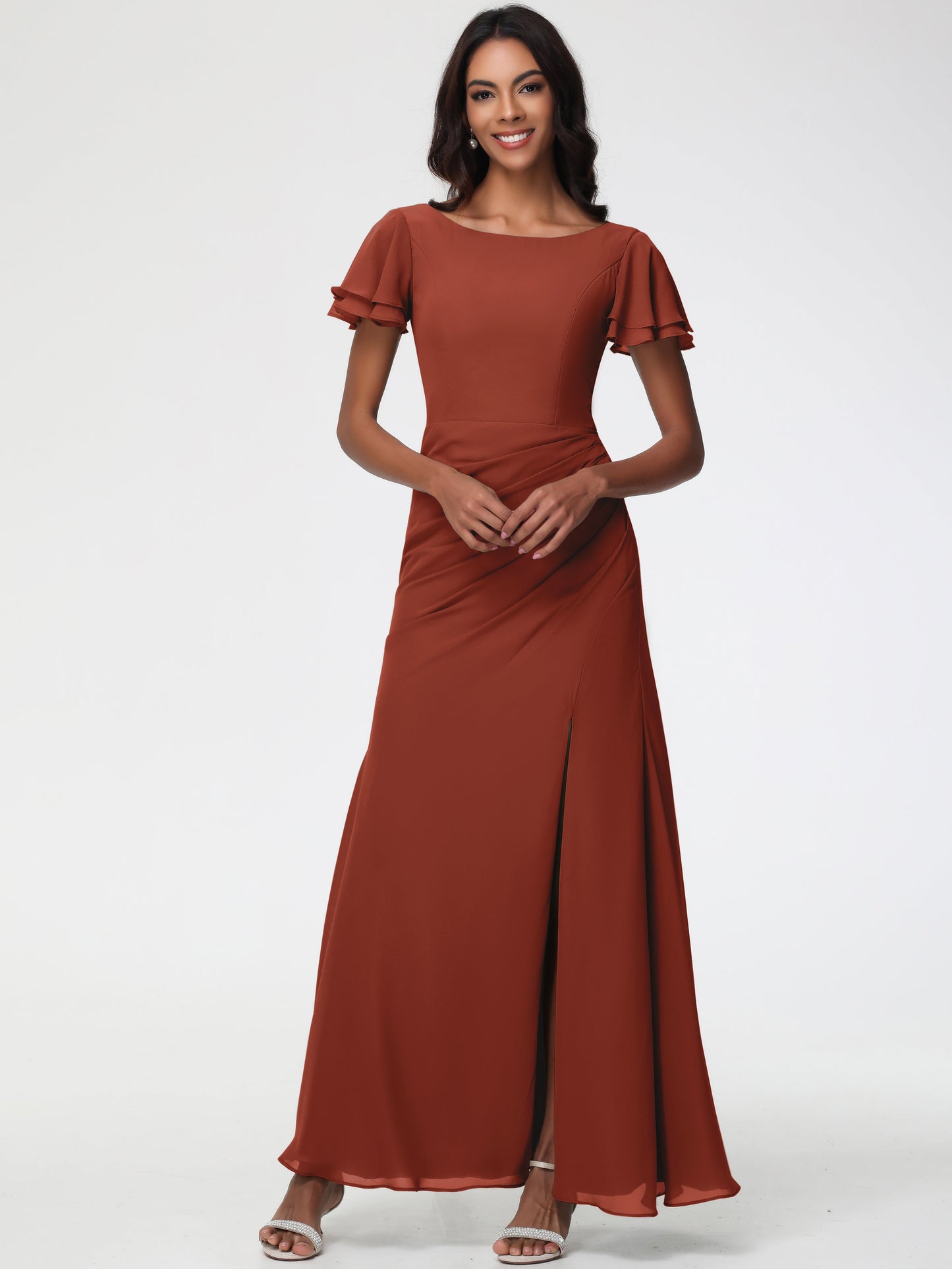 Rust Coloured Bridesmaid Dresses Chic Bateau Neckline Ruffle Short Sleeves Sheath/Column Chiffon Bridesmaid Dress with Slit