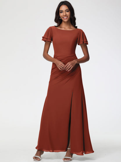 Rust Coloured Bridesmaid Dresses Chic Bateau Neckline Ruffle Short Sleeves Sheath/Column Chiffon Bridesmaid Dress with Slit