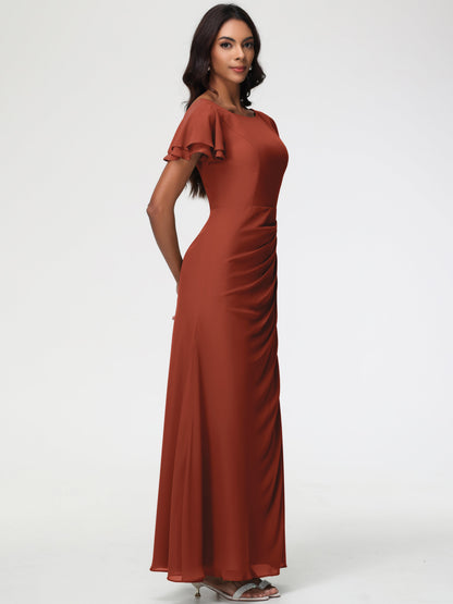 Rust Coloured Bridesmaid Dresses Chic Bateau Neckline Ruffle Short Sleeves Sheath/Column Chiffon Bridesmaid Dress with Slit