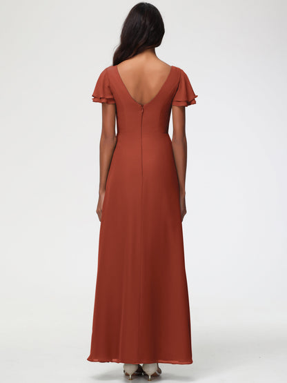 Rust Coloured Bridesmaid Dresses Chic Bateau Neckline Ruffle Short Sleeves Sheath/Column Chiffon Bridesmaid Dress with Slit
