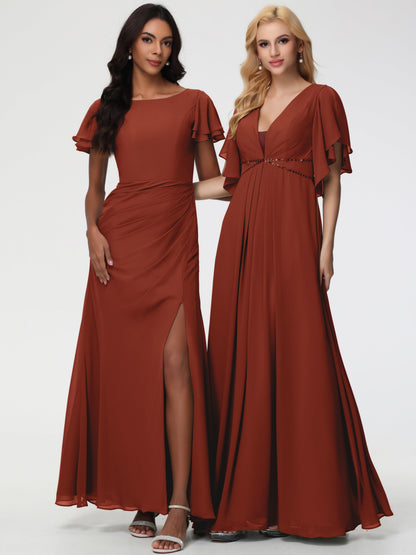 Rust Coloured Bridesmaid Dresses Chic Bateau Neckline Ruffle Short Sleeves Sheath/Column Chiffon Bridesmaid Dress with Slit