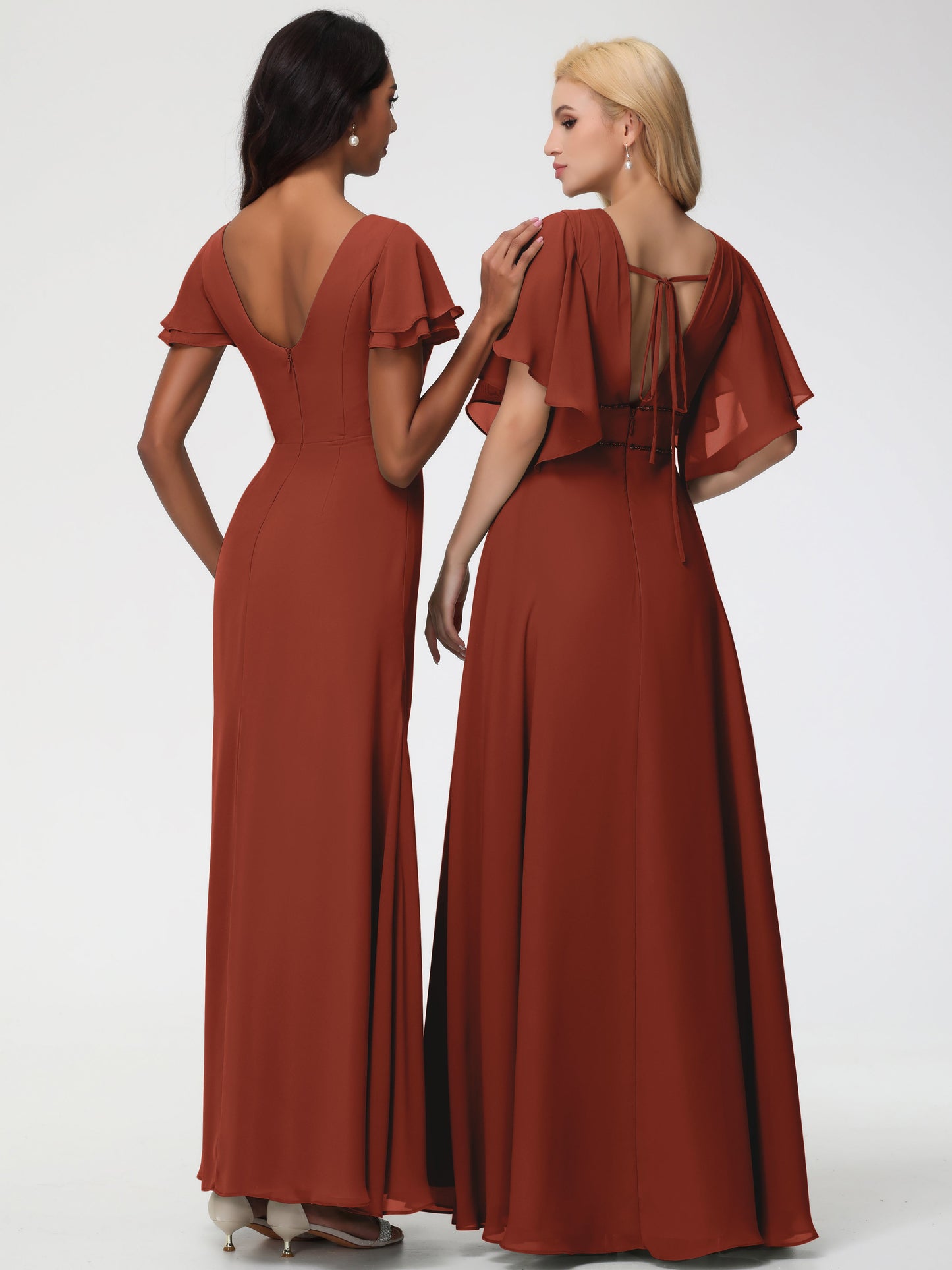Rust Coloured Bridesmaid Dresses Chic Bateau Neckline Ruffle Short Sleeves Sheath/Column Chiffon Bridesmaid Dress with Slit