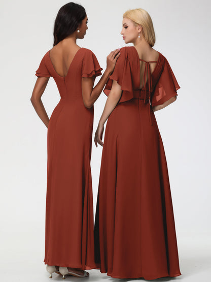 Rust Coloured Bridesmaid Dresses Chic Bateau Neckline Ruffle Short Sleeves Sheath/Column Chiffon Bridesmaid Dress with Slit