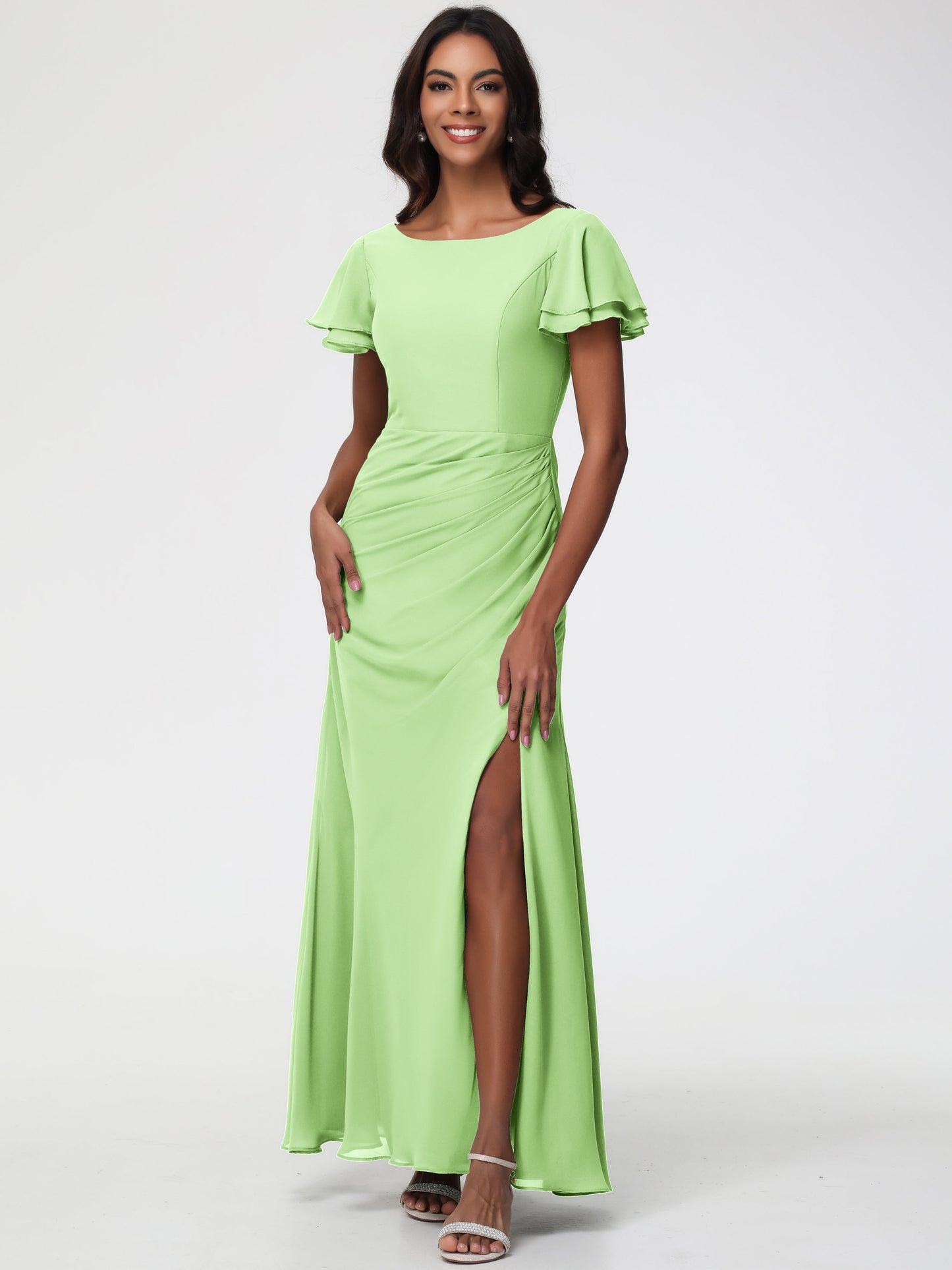 Sage Bridesmaid Dresses Chic Bateau Neckline Ruffle Short Sleeves Sheath/Column Chiffon Bridesmaid Dress with Slit