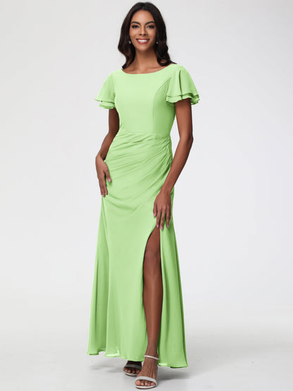 Sage Bridesmaid Dresses Chic Bateau Neckline Ruffle Short Sleeves Sheath/Column Chiffon Bridesmaid Dress with Slit