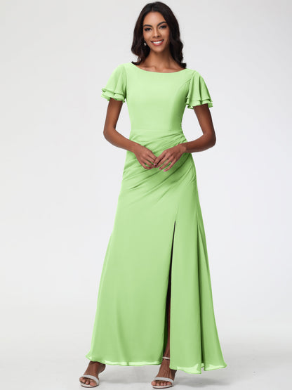 Sage Bridesmaid Dresses Chic Bateau Neckline Ruffle Short Sleeves Sheath/Column Chiffon Bridesmaid Dress with Slit