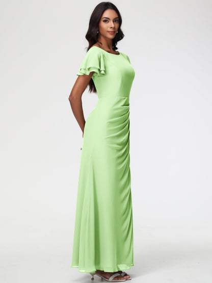 Sage Bridesmaid Dresses Chic Bateau Neckline Ruffle Short Sleeves Sheath/Column Chiffon Bridesmaid Dress with Slit