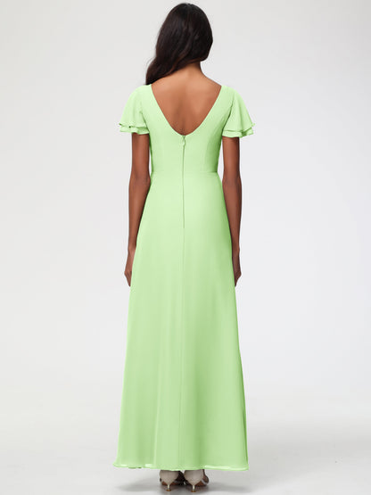 Sage Bridesmaid Dresses Chic Bateau Neckline Ruffle Short Sleeves Sheath/Column Chiffon Bridesmaid Dress with Slit