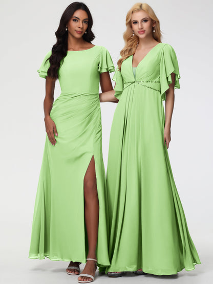 Sage Bridesmaid Dresses Chic Bateau Neckline Ruffle Short Sleeves Sheath/Column Chiffon Bridesmaid Dress with Slit
