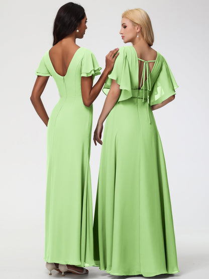 Sage Bridesmaid Dresses Chic Bateau Neckline Ruffle Short Sleeves Sheath/Column Chiffon Bridesmaid Dress with Slit