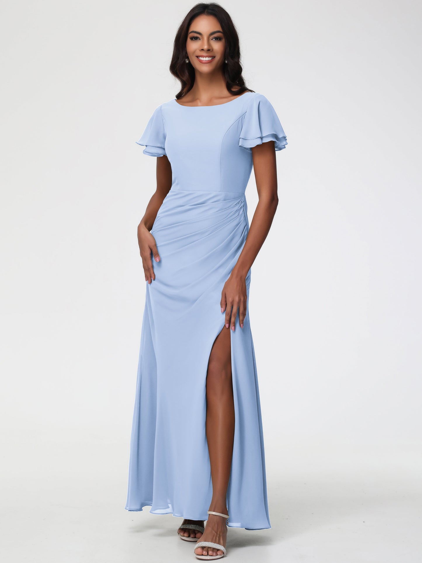 Sky Blue Bridesmaid Dresses Chic Bateau Neckline Ruffle Short Sleeves Sheath/Column Chiffon Bridesmaid Dress with Slit