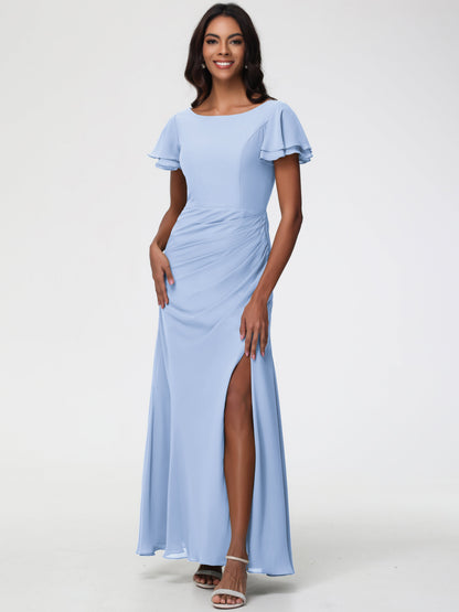 Sky Blue Bridesmaid Dresses Chic Bateau Neckline Ruffle Short Sleeves Sheath/Column Chiffon Bridesmaid Dress with Slit