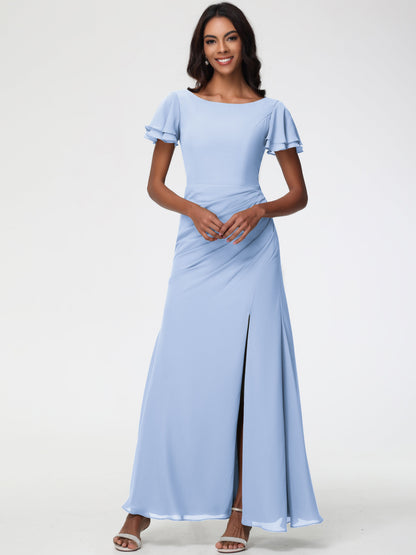 Sky Blue Bridesmaid Dresses Chic Bateau Neckline Ruffle Short Sleeves Sheath/Column Chiffon Bridesmaid Dress with Slit