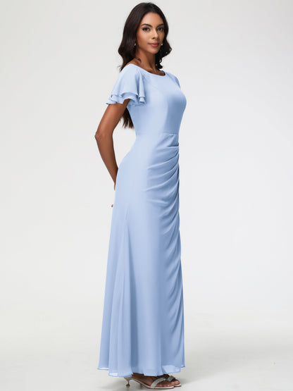Sky Blue Bridesmaid Dresses Chic Bateau Neckline Ruffle Short Sleeves Sheath/Column Chiffon Bridesmaid Dress with Slit
