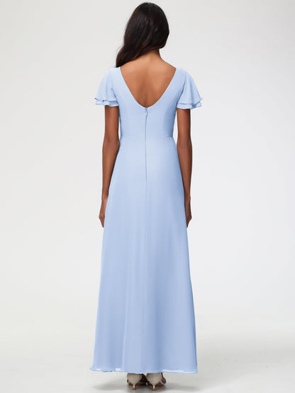 Sky Blue Bridesmaid Dresses Chic Bateau Neckline Ruffle Short Sleeves Sheath/Column Chiffon Bridesmaid Dress with Slit