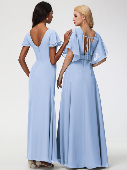 Sky Blue Bridesmaid Dresses Chic Bateau Neckline Ruffle Short Sleeves Sheath/Column Chiffon Bridesmaid Dress with Slit