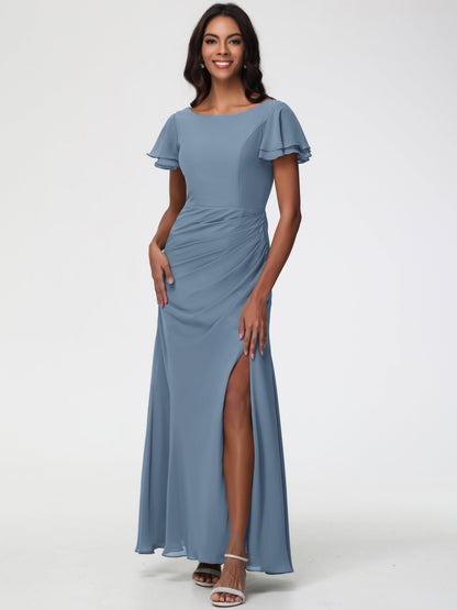 Slate Blue Bridesmaid Dresses Chic Bateau Neckline Ruffle Short Sleeves Sheath/Column Chiffon Bridesmaid Dress with Slit