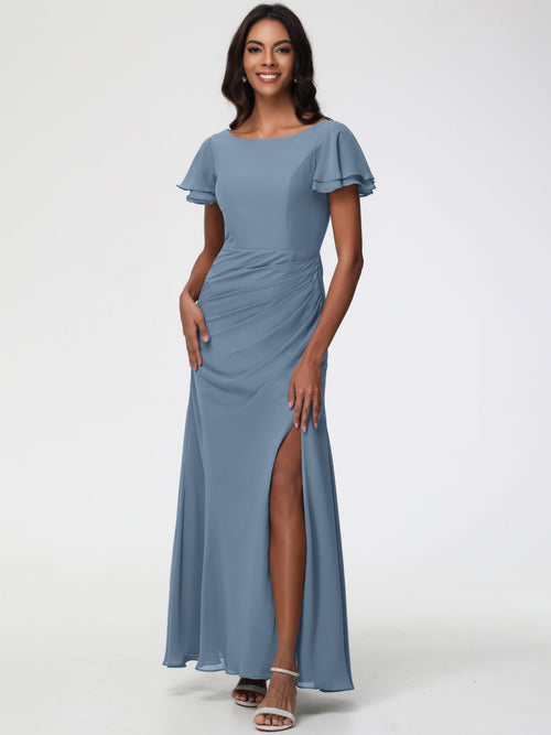 Slate Blue Bridesmaid Dresses Chic Bateau Neckline Ruffle Short Sleeves Sheath/Column Chiffon Bridesmaid Dress with Slit