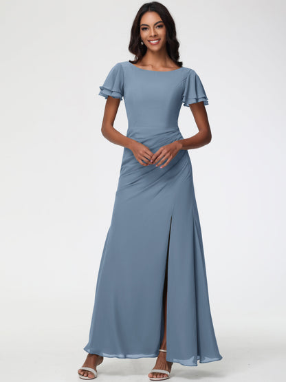 Slate Blue Bridesmaid Dresses Chic Bateau Neckline Ruffle Short Sleeves Sheath/Column Chiffon Bridesmaid Dress with Slit