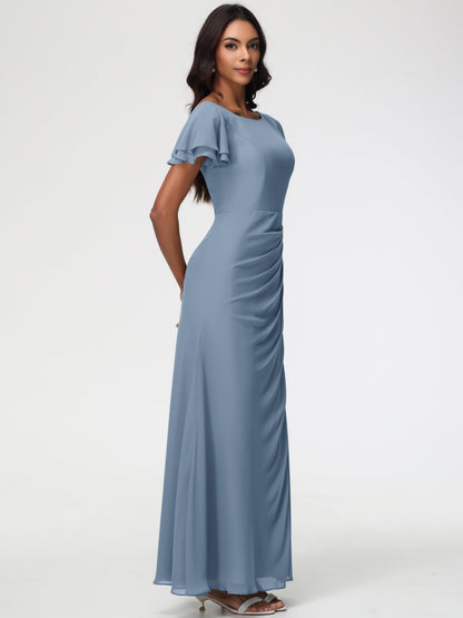 Slate Blue Bridesmaid Dresses Chic Bateau Neckline Ruffle Short Sleeves Sheath/Column Chiffon Bridesmaid Dress with Slit