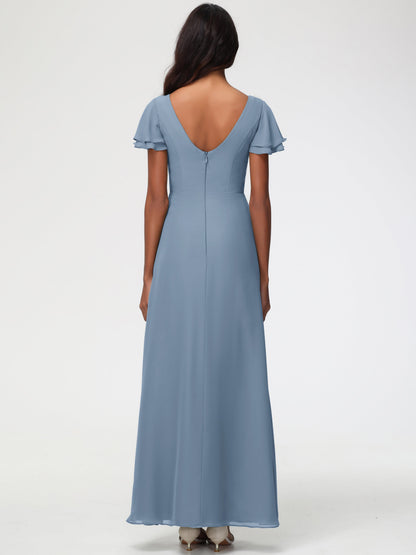 Slate Blue Bridesmaid Dresses Chic Bateau Neckline Ruffle Short Sleeves Sheath/Column Chiffon Bridesmaid Dress with Slit