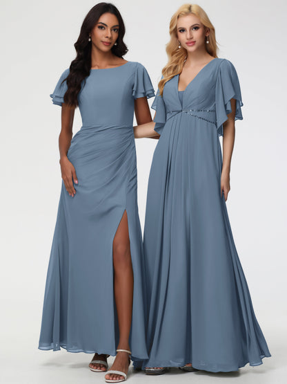 Slate Blue Bridesmaid Dresses Chic Bateau Neckline Ruffle Short Sleeves Sheath/Column Chiffon Bridesmaid Dress with Slit