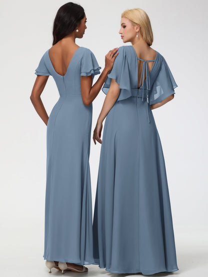 Slate Blue Bridesmaid Dresses Chic Bateau Neckline Ruffle Short Sleeves Sheath/Column Chiffon Bridesmaid Dress with Slit