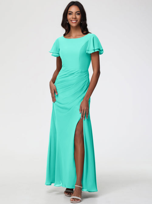 Spa Color Bridesmaid Dresses Chic Bateau Neckline Ruffle Short Sleeves Sheath/Column Chiffon Bridesmaid Dress with Slit