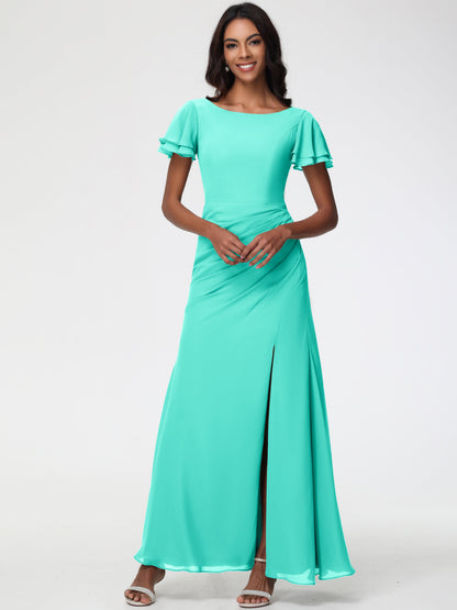 Spa Color Bridesmaid Dresses Chic Bateau Neckline Ruffle Short Sleeves Sheath/Column Chiffon Bridesmaid Dress with Slit