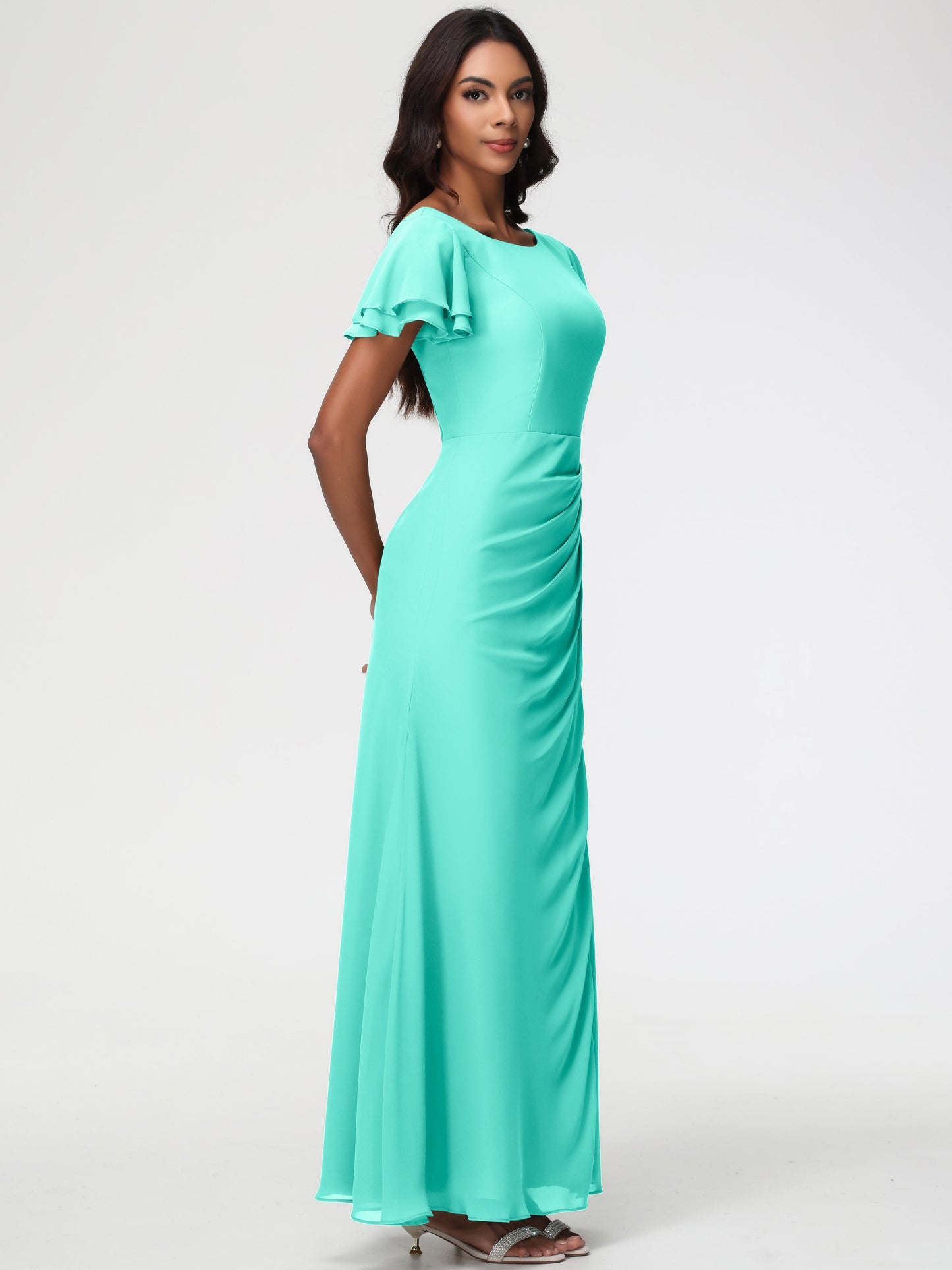 Spa Color Bridesmaid Dresses Chic Bateau Neckline Ruffle Short Sleeves Sheath/Column Chiffon Bridesmaid Dress with Slit