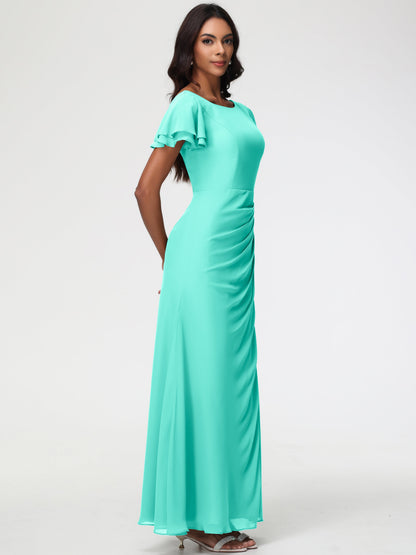 Spa Color Bridesmaid Dresses Chic Bateau Neckline Ruffle Short Sleeves Sheath/Column Chiffon Bridesmaid Dress with Slit