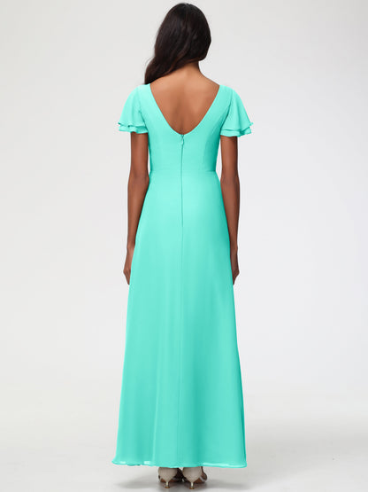 Spa Color Bridesmaid Dresses Chic Bateau Neckline Ruffle Short Sleeves Sheath/Column Chiffon Bridesmaid Dress with Slit
