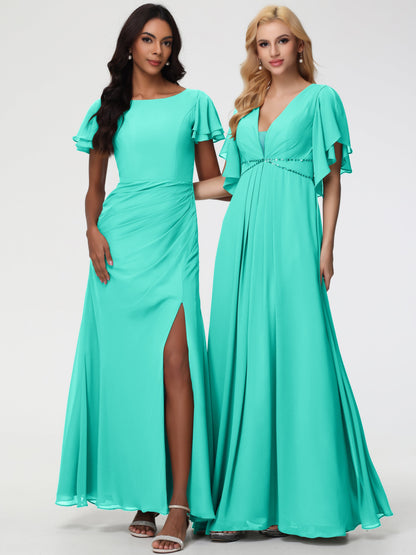 Spa Color Bridesmaid Dresses Chic Bateau Neckline Ruffle Short Sleeves Sheath/Column Chiffon Bridesmaid Dress with Slit