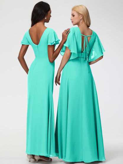 Spa Color Bridesmaid Dresses Chic Bateau Neckline Ruffle Short Sleeves Sheath/Column Chiffon Bridesmaid Dress with Slit