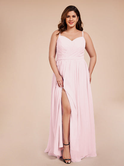 Kimora Spaghetti Straps Chiffon Plus Size Bridesmaid Dresses with Slit