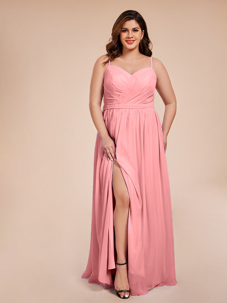 Kimora Spaghetti Straps Chiffon Plus Size Bridesmaid Dresses with Slit