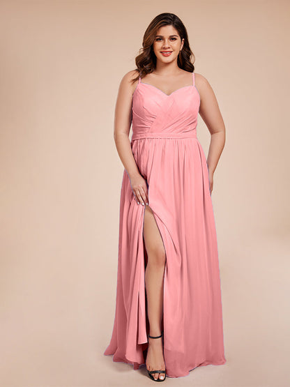 Kimora Spaghetti Straps Chiffon Plus Size Bridesmaid Dresses with Slit